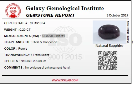 Gemstone report for a purple oval cabochon sapphire
