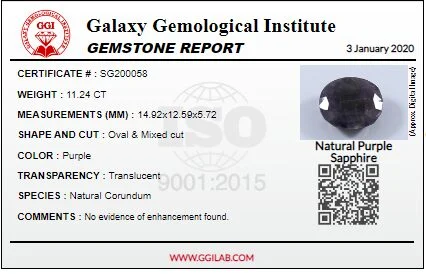 Gemstone report for natural purple sapphire with details on weight and measurements