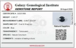 Gemstone report certificate with blue sapphire image and details
