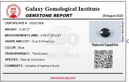 Gemstone report certificate with blue sapphire image and details