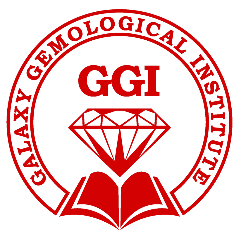 Red logo of Galaxy Gemological Institute with diamond and open book on black background