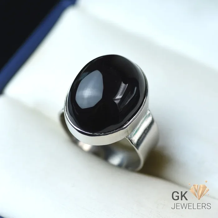 NATURAL BLACK AGATE-AQEEQ 925 PURE SILVER RING-SIZE 22 - Image 1