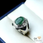 NATURAL EMERALD SIDE MOUNTED ZIRCON SILVER RING SIZE 22