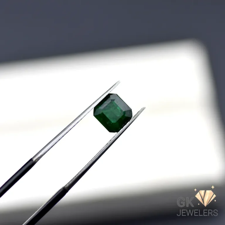 Emerald gemstone held by metal tweezers against a white background