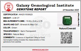 Certified Natural Emerald gemstone report from Galaxy Gemological Institute