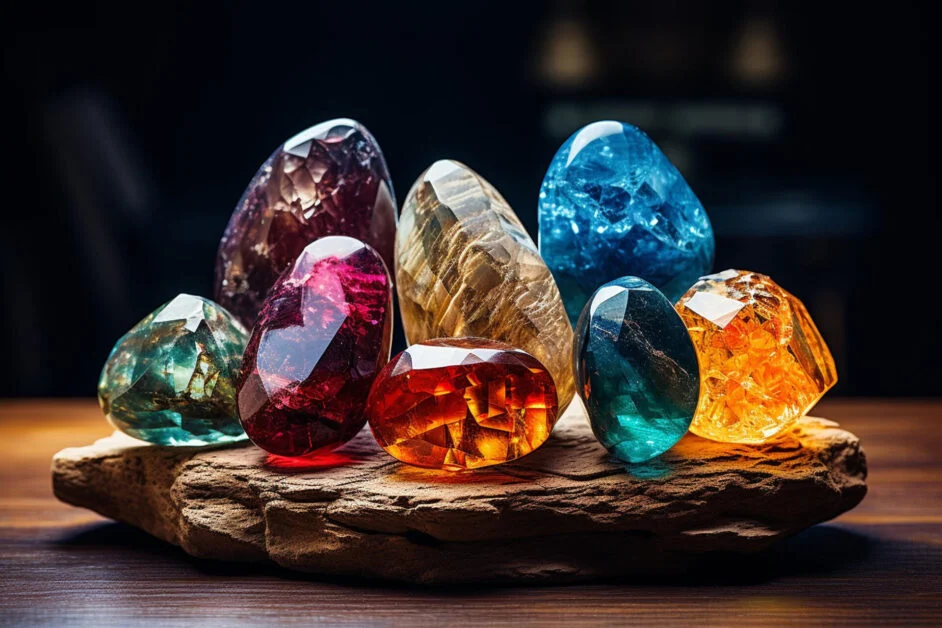 Assorted precious gemstones including blue sapphire, ruby, and turquoise on a wooden base, showcasing popular Pakistani gemstones