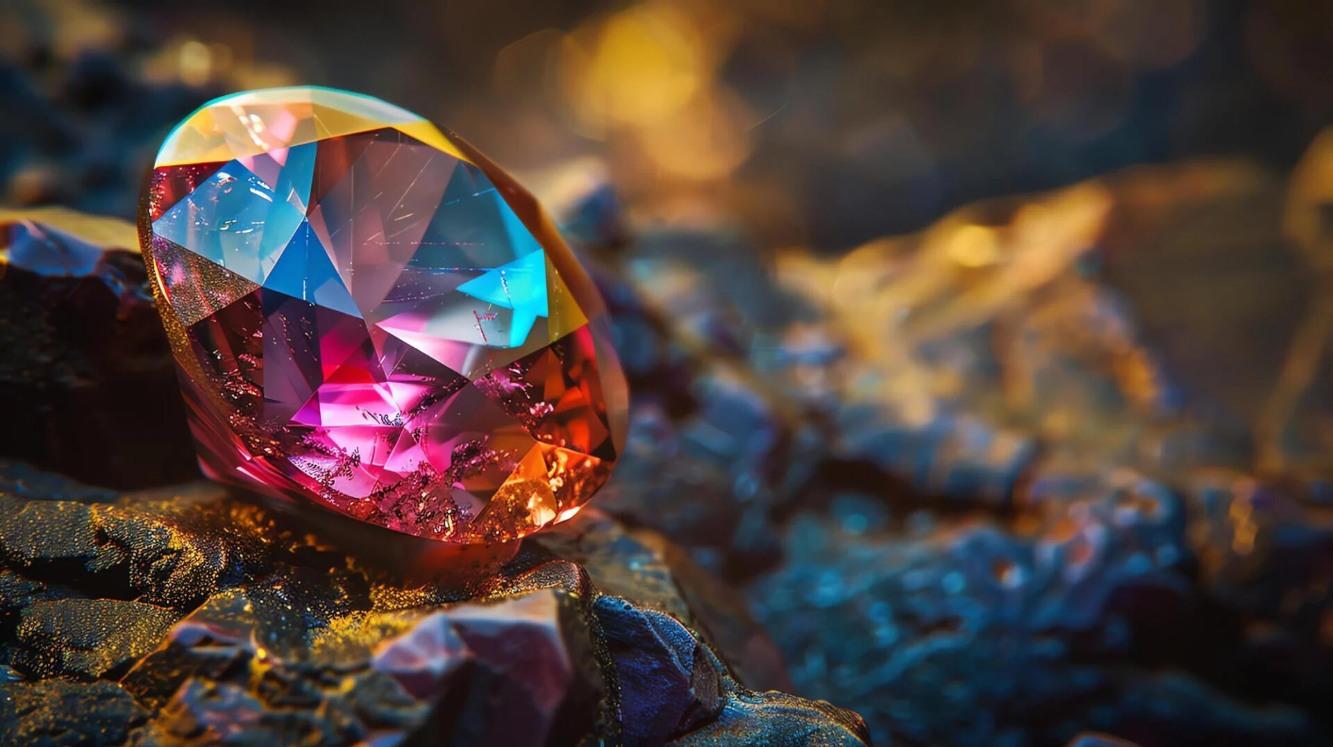 Oval-cut gemstone with vibrant pink and blue hues resting on dark rocky surface, ideal for beginners choosing gemstones for daily wear