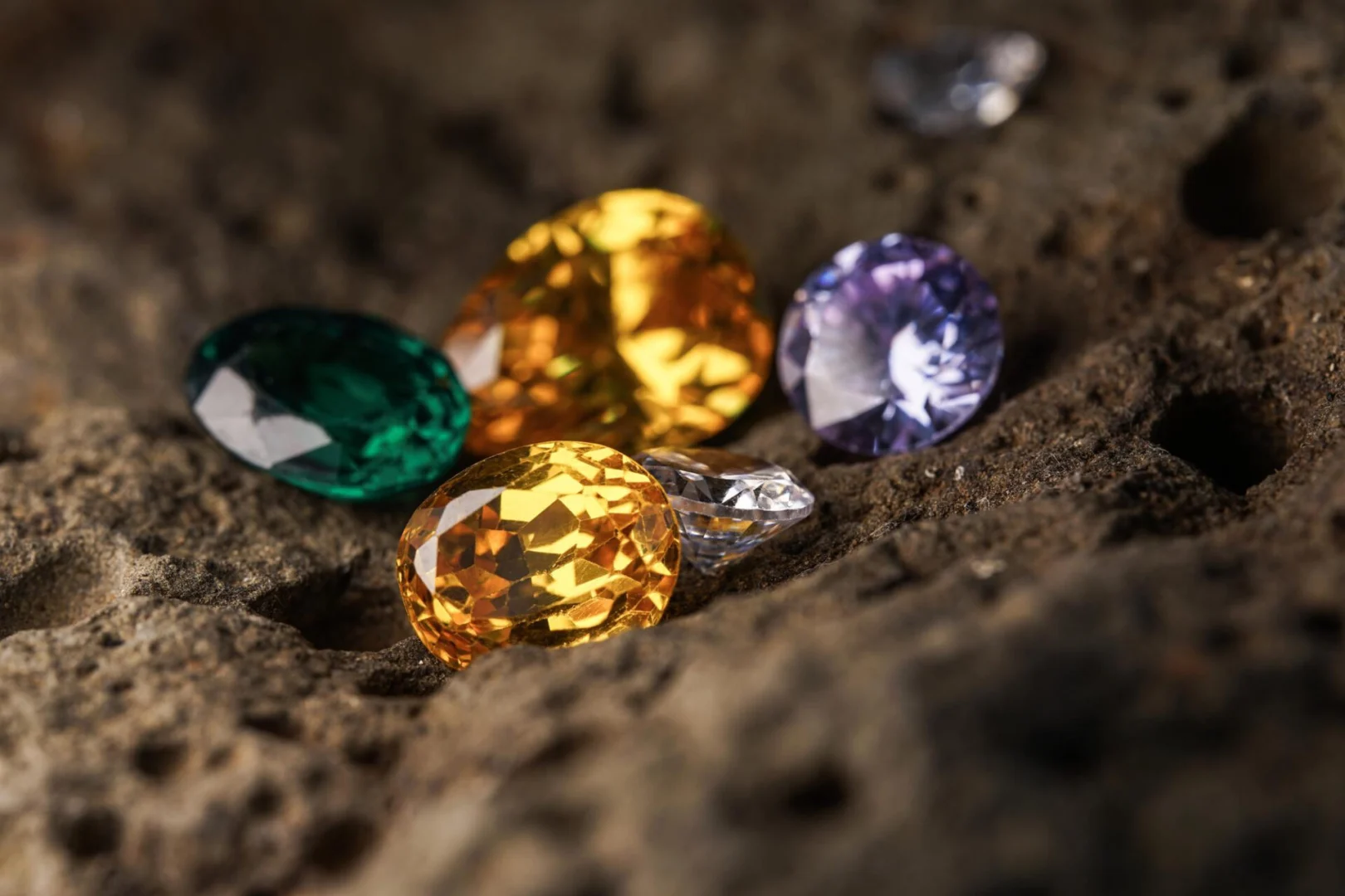 Colorful gemstones including orange citrine, green peridot, and purple amethyst nestled in rough stone, illustrating natural gemstone settings