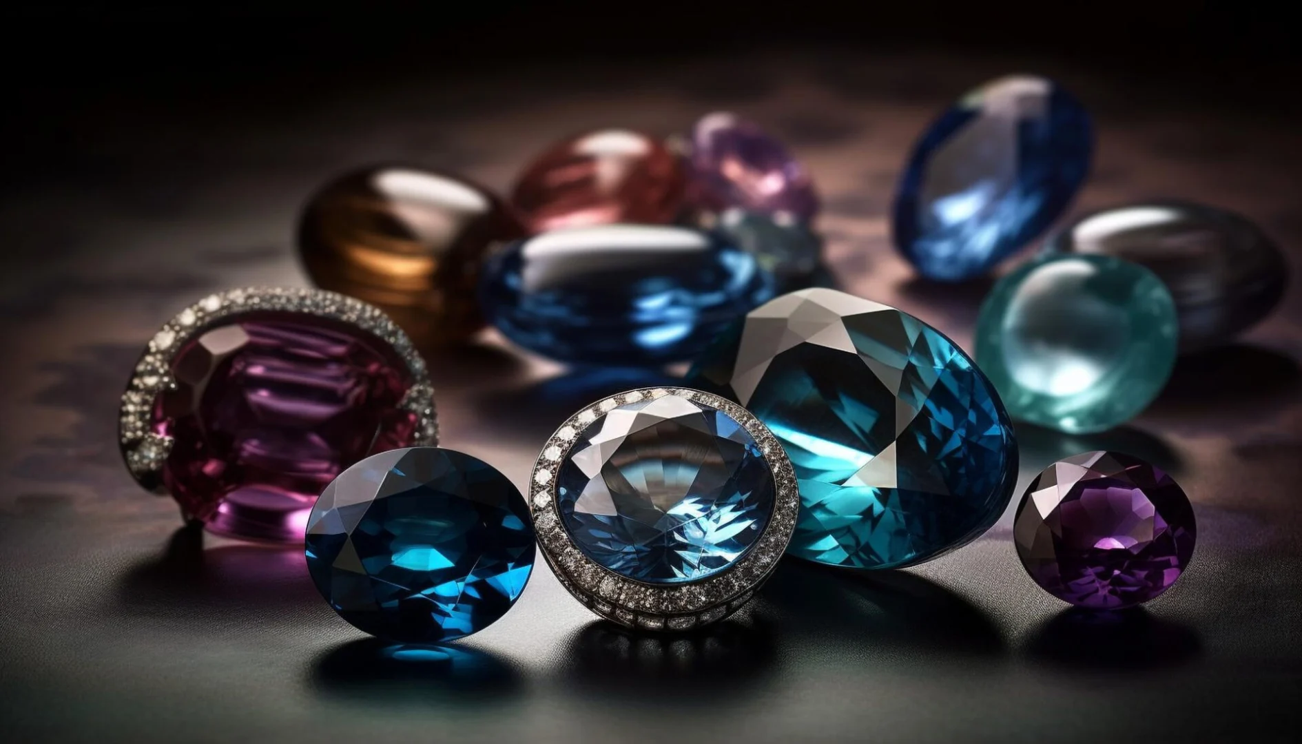 Various gemstones in different colors and sizes on a dark surface, demonstrating ring size measurement using existing jewelry