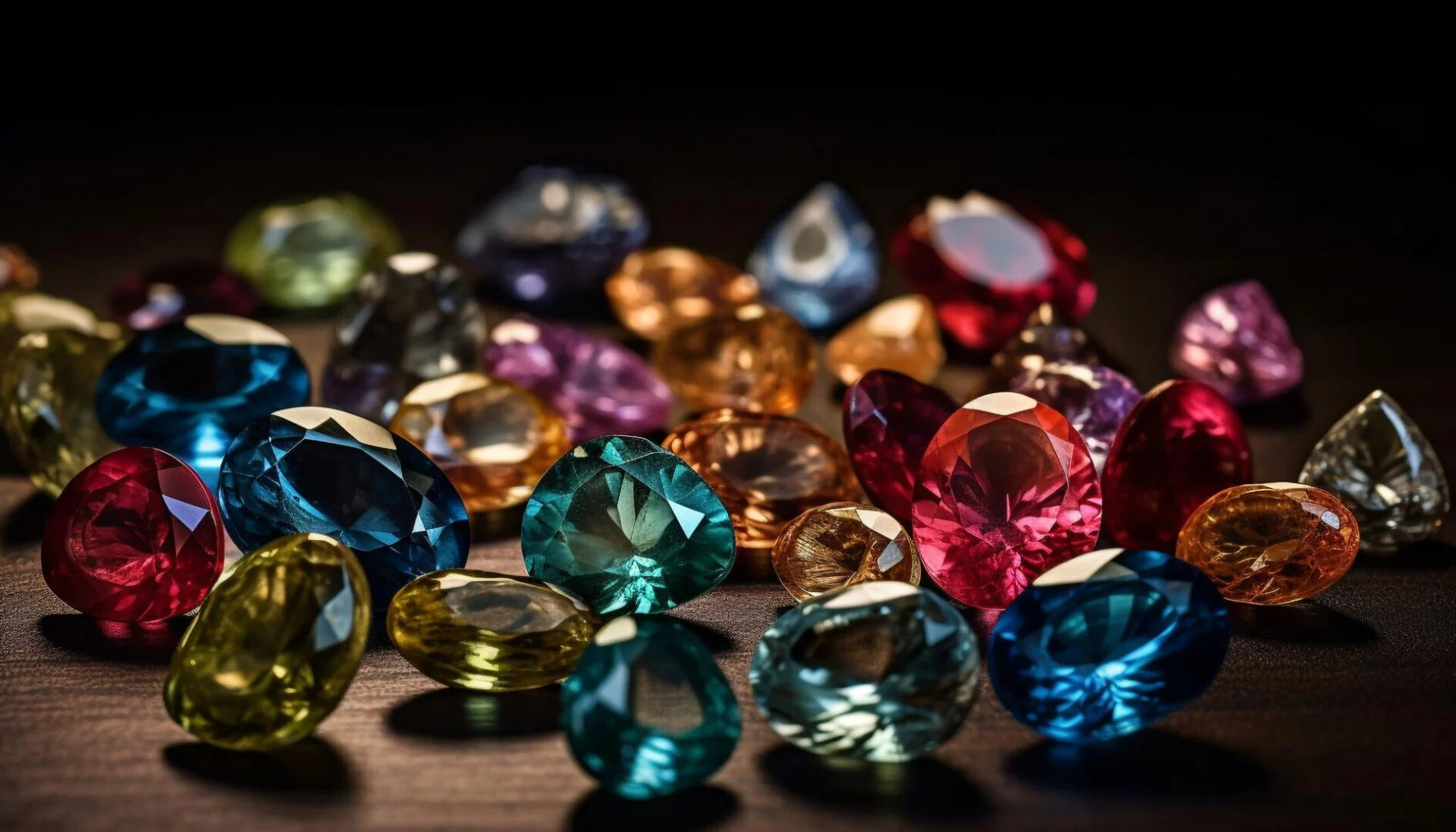 Assorted genuine gemstones in various colors and cuts scattered on a dark wooden surface, showcasing different types and characteristics