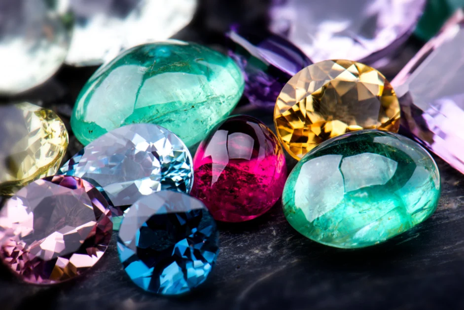 Collection of various colored gemstones, including emerald, ruby, and citrine, on a dark surface, illustrating the importance of proper gemstone care