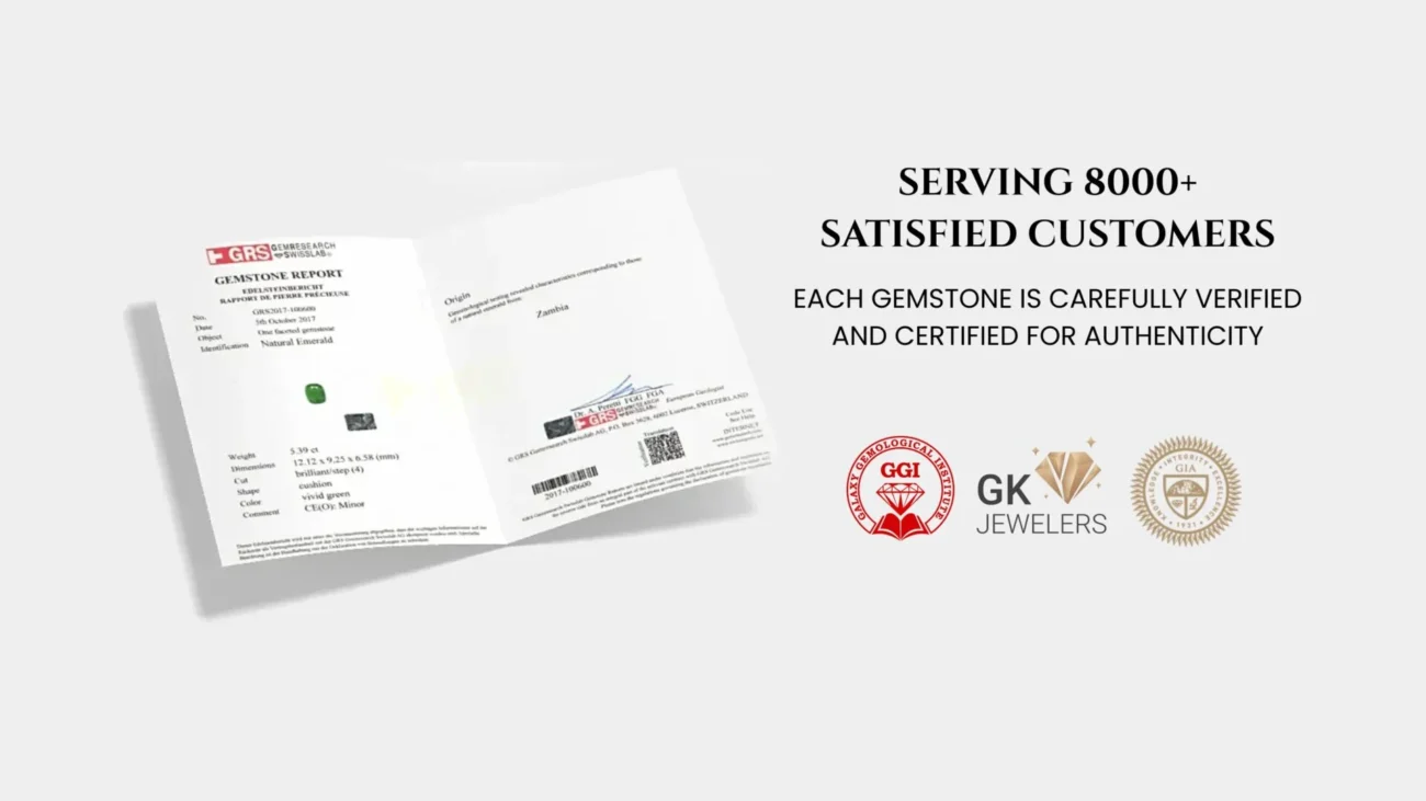 Certification documents for natural gemstones from GK Jewelers, featuring authenticity verification and gemstone details
