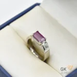 Emerald-cut natural ruby ring with 2-carat pinkish red gemstone set in handmade silver band