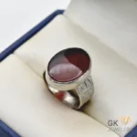 Oval maroon Yamani Agate gemstone set in handmade silver ring, size 22, weighing 8.01g with translucent properties
