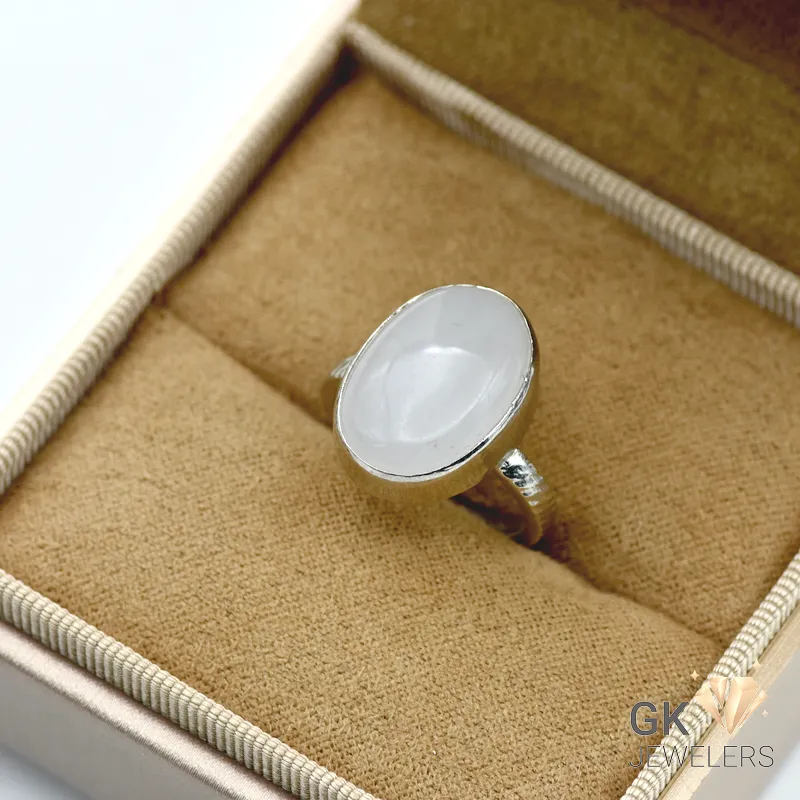 Oval white quartz gemstone in handmade silver ring setting, weighing 5.18g, size 14, from Iran
