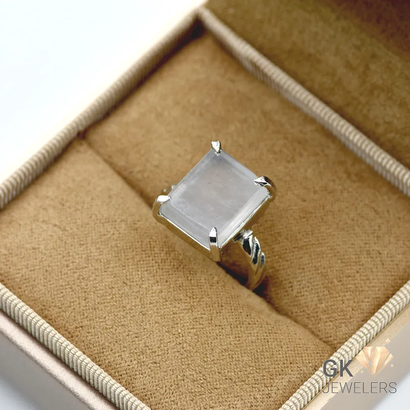 Emerald-cut white quartz gemstone set in 925 silver ring with handmade setting, semi-transparent clarity, and Iranian origin