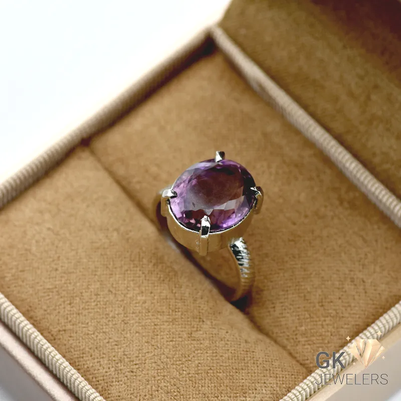 Oval-cut natural amethyst gemstone set in 925 silver ring with handmade setting