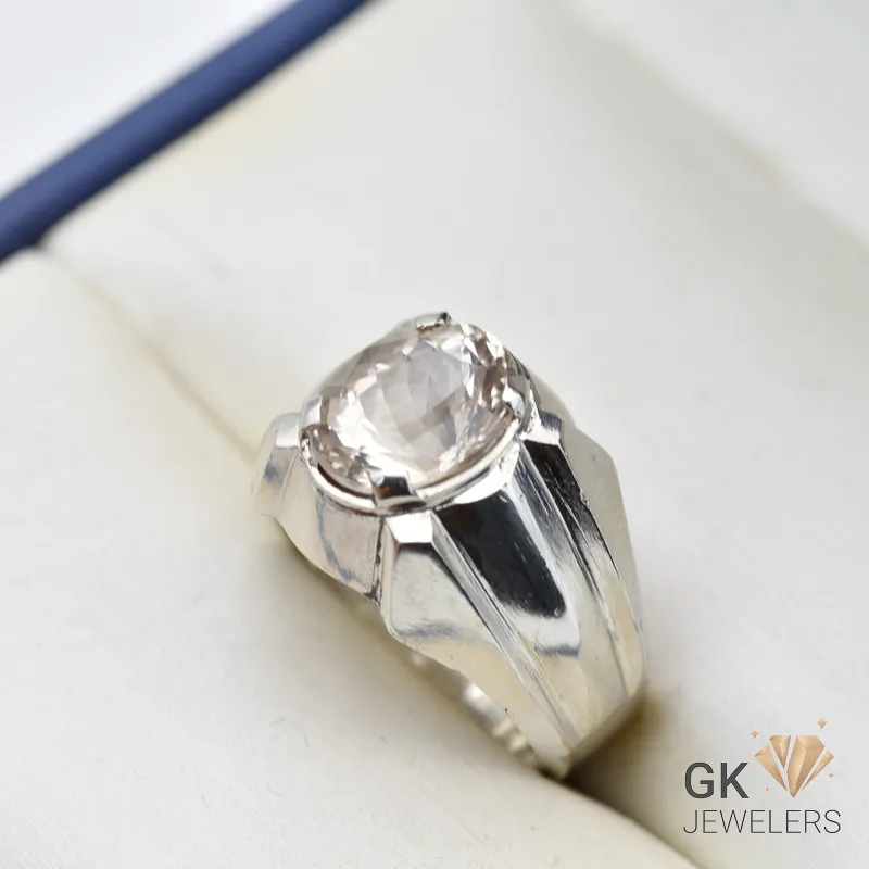 Golden oval-cut topaz gemstone set in handmade sterling silver ring, size 19, weighing 7.58g, from Katlang, Pakistan
