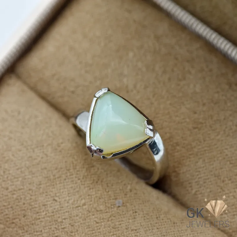 Triangular white opal gemstone set in sterling silver ring with handmade setting, size 14
