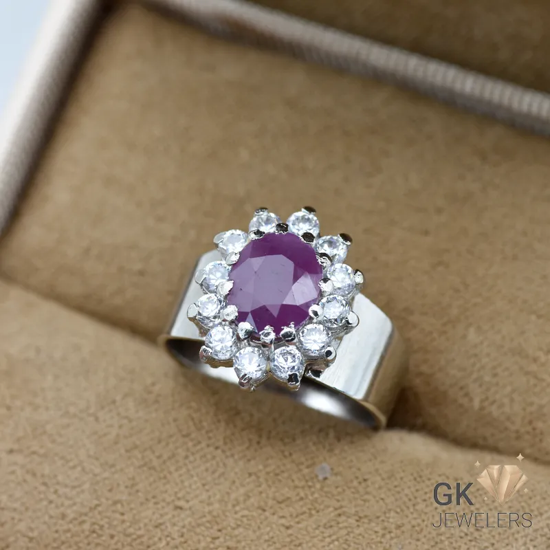 Pinkish red ruby gemstone surrounded by diamonds, set in handmade silver ring, size 13, weighing 4.56g, from Madagascar
