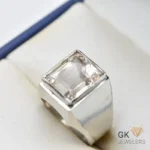 Transparent emerald-cut golden topaz gemstone set in sterling silver ring, handmade in Katlang, Pakistan
