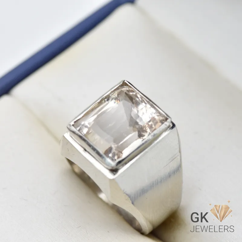 Transparent emerald-cut golden topaz gemstone set in sterling silver ring, handmade in Katlang, Pakistan