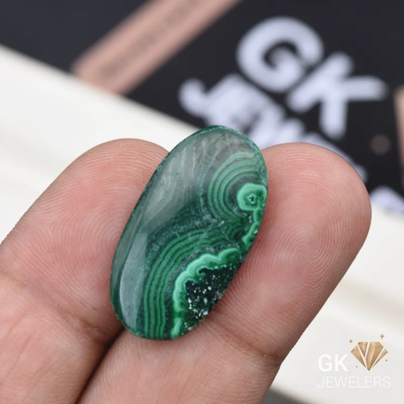 Oval polished malachite gemstone held between person's thumb and finger